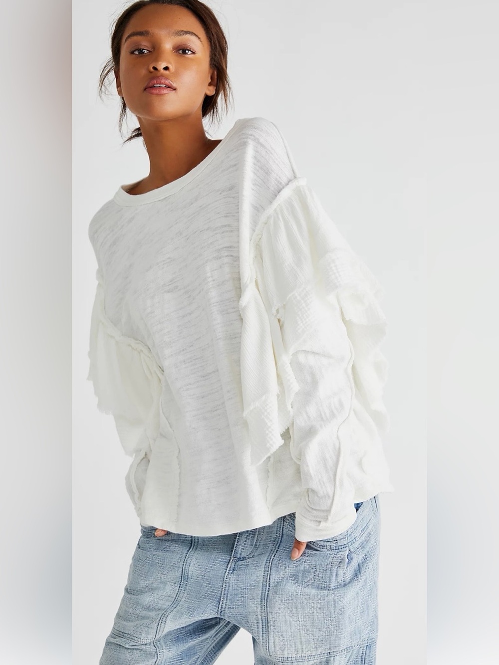 We The Free Free People White Ruffle Sleeve Pullover Stellar Tee Size Small